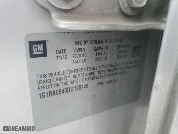 2013 Chevrolet Volt with VIN 1G1RA6E40DU120746, listed as a Copart auction lot 43913275 with 0 mi miles and Clean Title. Bid and sale history available at carsss.com. Image 12.
