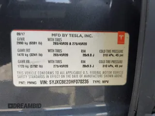 2017 Tesla Model X 90D z VIN 5YJXCBE20HF070235, wystawiony jako IAAI lot #42099344 z przebiegiem 57 686 mil mil oraz . Historia ofert i sprzedaży dostępna na DreamBid. Obrazek 9.