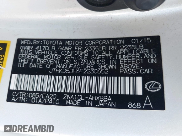 2015 Lexus CT 200h с VIN JTHKD5BH6F2230652, выставлен на аукционе IAAI как лот 42421868 с пробегом 142 242 миль миль и . История ставок и продаж доступна на DreamBid. Изображение 9.