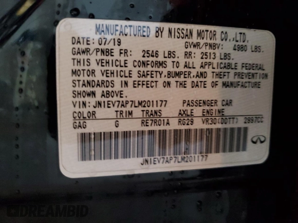 2020 Infiniti Q50 Luxe with VIN JN1EV7AP7LM201177, listed as a Copart auction lot 59437585 with 64,267 mi miles and Non repairable. Bid and sale history available at DreamBid. Image 12.