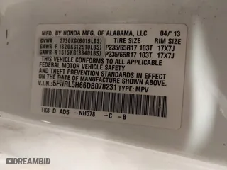 2013 Honda Odyssey EX-L with VIN 5FNRL5H66DB078231, listed as a IAAI auction lot 41883274 with 1 mi miles. Bid and sale history available at carsss.com. Image 9.