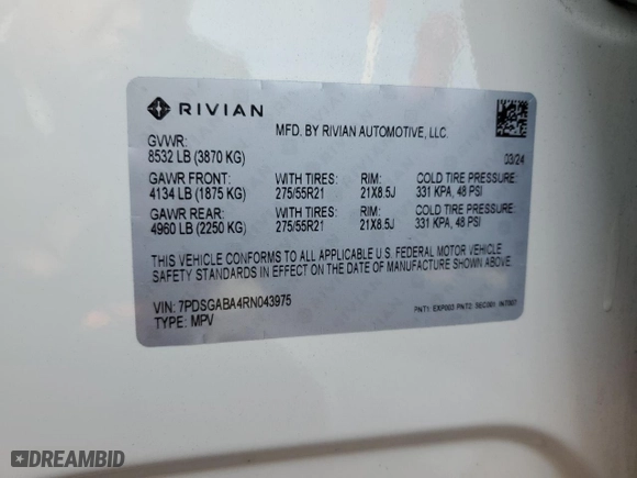 2024 Rivian R1S Adventure with VIN 7PDSGABA4RN043975, listed as a Copart auction lot 41524615 with 6,807 mi miles and Salvage Title. Bid and sale history available at carsss.com. Image 15.