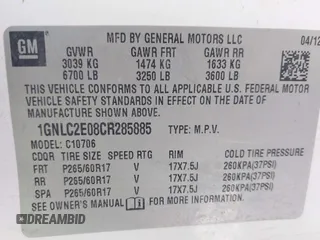 2012 Chevrolet Tahoe Commercial with VIN 1GNLC2E08CR285885, listed as a IAAI auction lot 42326129 with 100,035 mi miles and . Bid and sale history available at DreamBid. Image 9.