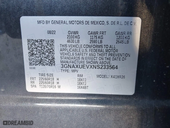 2022 Chevrolet Equinox LT with VIN 3GNAXUEVXNS233564, listed as a IAAI auction lot 41895110 with 54,308 mi miles. Bid and sale history available at carsss.com. Image 9.
