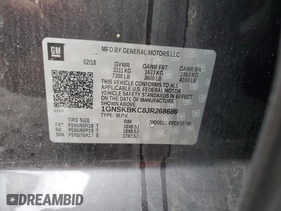 2018 Chevrolet Tahoe LT with VIN 1GNSKBKC8JR268689, listed as a Copart auction lot 58199955 with 131,906 mi miles and Salvage title. Bid and sale history available at DreamBid. Image 14.