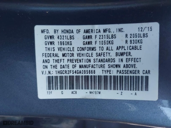 2016 Honda Accord Sedan Sport with VIN 1HGCR2F54GA095668, listed as a IAAI auction lot 41369867 with 174,704 mi miles. Bid and sale history available at carsss.com. Image 9.