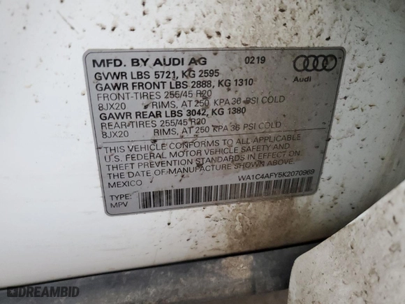 2019 Audi SQ5 Prestige with VIN WA1C4AFY5K2070969, listed as a Copart auction lot 48003065 with 51,499 mi miles and Salvage Title. Bid and sale history available at carsss.com. Image 14.