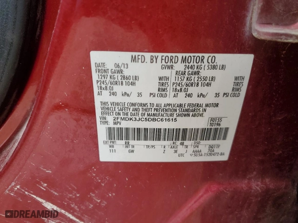 2013 Ford Edge SEL with VIN 2FMDK3JC5DBC61615, listed as a Copart auction lot 51612705 with 237,875 mi miles and Clean Title. Bid and sale history available at carsss.com. Image 13.
