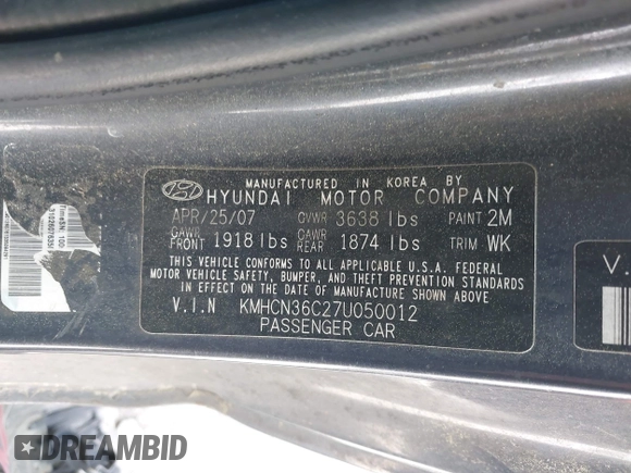 2007 Hyundai Accent SE z VIN KMHCN36C27U050012, wystawiony jako IAAI lot #42112316 z przebiegiem 172 070 mil mil oraz . Historia ofert i sprzedaży dostępna na DreamBid. Obrazek 9.