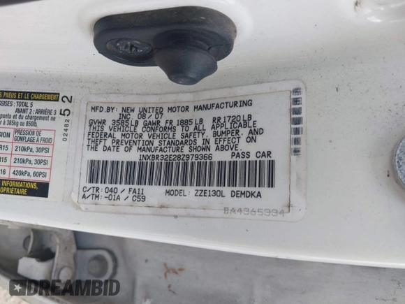 2008 Toyota Corolla CE with VIN 1NXBR32E28Z979366, listed as a IAAI auction lot 41955280 with 237,537 mi miles and . Bid and sale history available at DreamBid. Image 9.