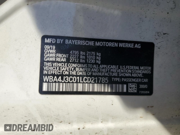 2020 BMW 4 Series 430i xDrive with VIN WBA4J3C01LCD21785, listed as a Copart auction lot 69656414 with 54,460 mi miles and Salvage title. Bid and sale history available at DreamBid. Image 13.