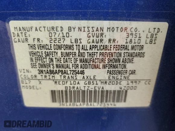 2010 Nissan Sentra SL with VIN 3N1AB6AP8AL725446, listed as a Copart auction lot 57762835 with 210,743 mi miles and Salvage title. Bid and sale history available at DreamBid. Image 12.