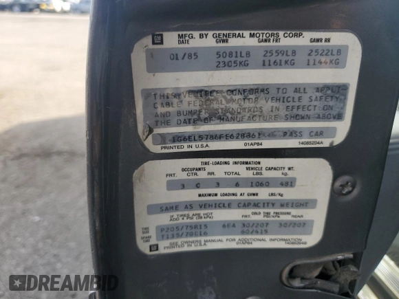 1985 Cadillac Eldorado z VIN 1G6EL5786FE628861, wystawiony jako Copart lot #76372384 z przebiegiem 15 146 mil mil oraz Szkody całkowita. Historia ofert i sprzedaży dostępna na DreamBid. Obrazek 14.
