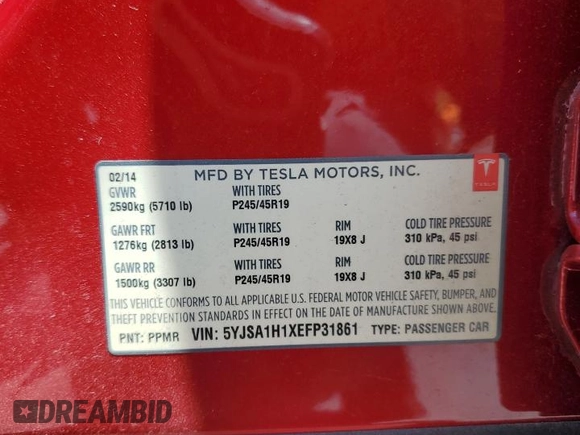 2014 Tesla Model S 60 with VIN 5YJSA1H1XEFP31861, listed as a Copart auction lot 65275815 with Not provided miles and Clean title. Bid and sale history available at DreamBid. Image 13.