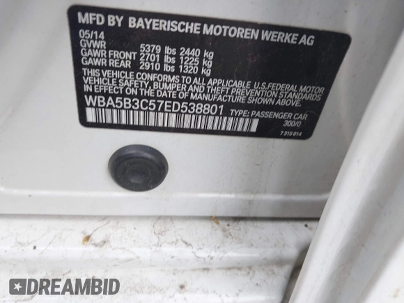 2014 BMW 5 Series 535i xDrive with VIN WBA5B3C57ED538801, listed as a IAAI auction lot 42246097 with 170,219 mi miles and . Bid and sale history available at DreamBid. Image 9.