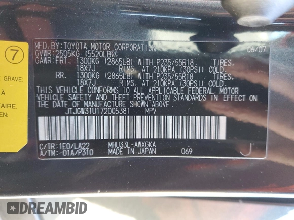 2007 Lexus RX 400h z VIN JTJGW31U172005381, wystawiony jako Copart lot #85118324 z przebiegiem 145 757 mil mil oraz Szkody całkowita. Historia ofert i sprzedaży dostępna na DreamBid. Obrazek 13.