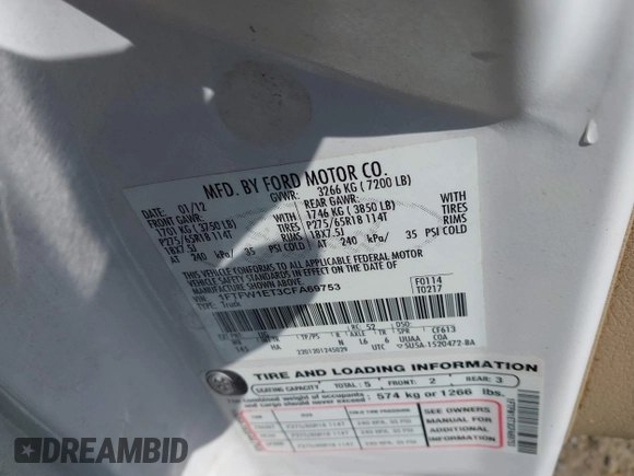 2012 Ford F-150 XL с VIN 1FTFW1ET3CFA69753, выставлен на аукционе IAAI как лот 42226882 с пробегом 307 334 миль миль и . История ставок и продаж доступна на DreamBid. Изображение 9.