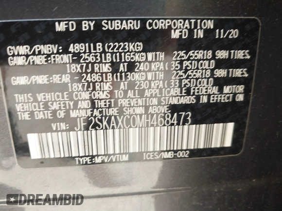2021 Subaru Forester Touring with VIN JF2SKAXC0MH468473, listed as a IAAI auction lot 41886546 with 37,055 mi miles. Bid and sale history available at carsss.com. Image 9.