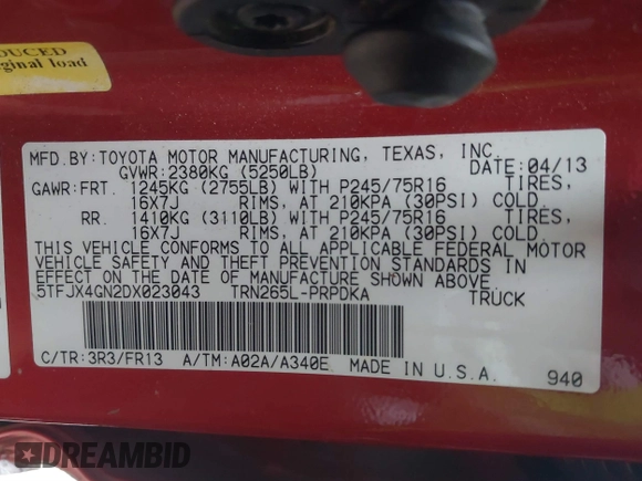 2013 Toyota Tacoma PreRunner with VIN 5TFJX4GN2DX023043, listed as a IAAI auction lot 41367497 with 254,575 mi miles and . Bid and sale history available at DreamBid. Image 9.