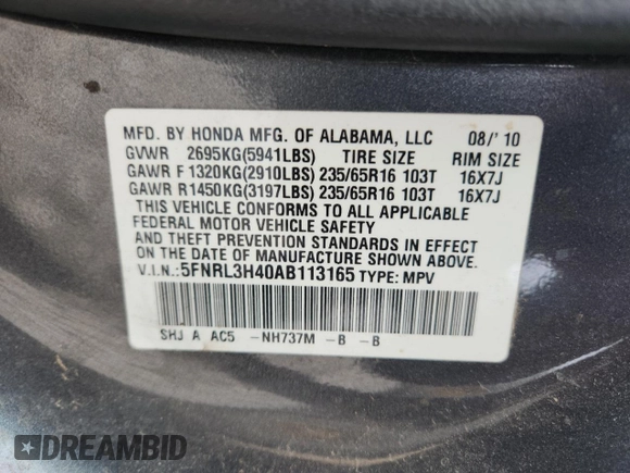2010 Honda Odyssey EX z VIN 5FNRL3H40AB113165, wystawiony jako Copart lot #59982835 z przebiegiem 206 045 mil mil oraz Nie do naprawy • Non repairable. Historia ofert i sprzedaży dostępna na DreamBid. Obrazek 14.