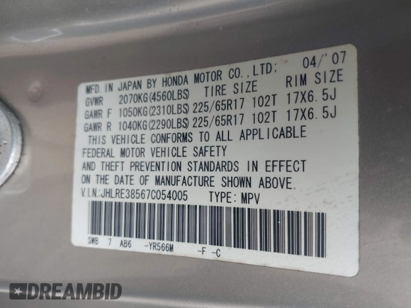 2007 Honda CR-V EX with VIN JHLRE38567C054005, listed as a IAAI auction lot 41987297 with 206,145 mi miles and . Bid and sale history available at carsss.com. Image 9.