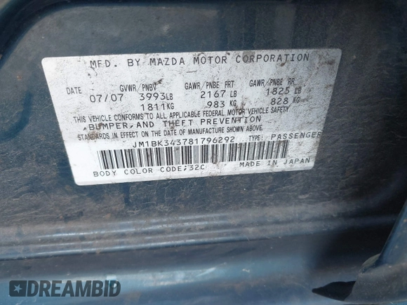 2008 Mazda Mazda3 s Sport with VIN JM1BK343781796292, listed as a IAAI auction lot 41970668 with 197,050 mi miles. Bid and sale history available at carsss.com. Image 9.