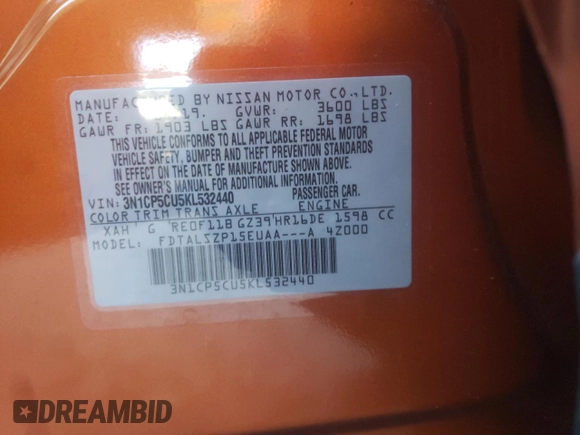 2019 Nissan Kicks SR with VIN 3N1CP5CU5KL532440, listed as a Copart auction lot 68080882 with 7,455 mi miles and . Bid and sale history available at DreamBid. Image 12.
