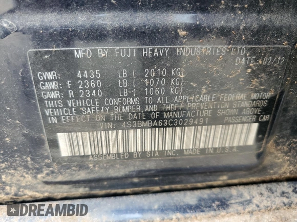 2012 Subaru Legacy 2.5i with VIN 4S3BMBA63C3029491, listed as a Copart auction lot 42426715 with 141,088 mi miles and Salvage Title. Bid and sale history available at carsss.com. Image 12.
