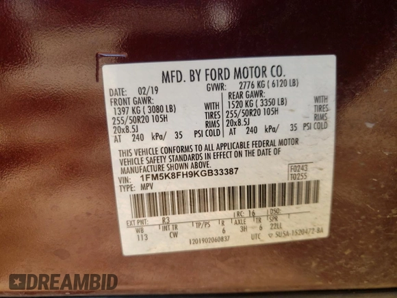 2019 Ford Explorer Limited z VIN 1FM5K8FH9KGB33387, wystawiony jako Copart lot #83573234 z przebiegiem 83 710 mil mil oraz Szkoda całkowita • Salvage title. Historia ofert i sprzedaży dostępna na DreamBid. Obrazek 15.