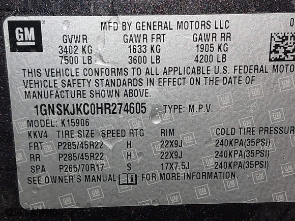 2017 Chevrolet Suburban Premier with VIN 1GNSKJKC0HR274605, listed as a IAAI auction lot 41828392 with 144,747 mi miles. Bid and sale history available at carsss.com. Image 9.
