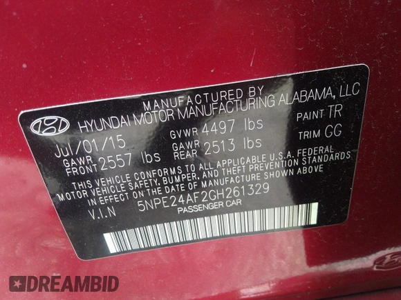 2016 Hyundai Sonata SE with VIN 5NPE24AF2GH261329, listed as a IAAI auction lot 41782532 with 119,451 mi miles and . Bid and sale history available at carsss.com. Image 9.