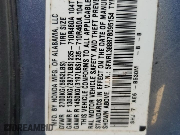2007 Honda Odyssey Touring with VIN 5FNRL38887B095154, listed as a Copart auction lot 52937835 with 188,963 mi miles and Salvage Title. Bid and sale history available at carsss.com. Image 13.