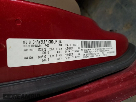 2014 Chrysler Town & Country Touring L 30th Anniversary with VIN 2C4RC1CG3ER107327, listed as a Copart auction lot 50154815 with 144,356 mi miles and Non Repairable. Bid and sale history available at DreamBid. Image 13.