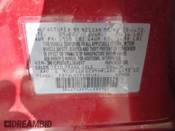 2020 Nissan Kicks SR with VIN 3N1CP5DV7LL554917, listed as a IAAI auction lot 41942545 with 54,789 mi miles and . Bid and sale history available at DreamBid. Image 9.