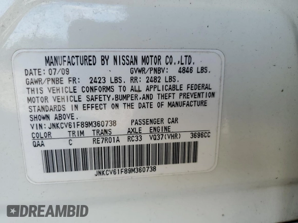 2009 Infiniti G37 x with VIN JNKCV61F89M360738, listed as a Copart auction lot 50403455 with Not Provided miles and Salvage Title. Bid and sale history available at carsss.com. Image 12.
