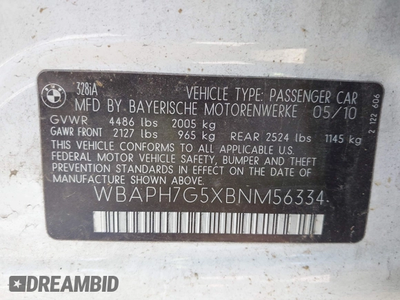 2011 BMW 3 Series 328i with VIN WBAPH7G5XBNM56334, listed as a IAAI auction lot 41835744 with Not provided miles and . Bid and sale history available at DreamBid. Image 9.