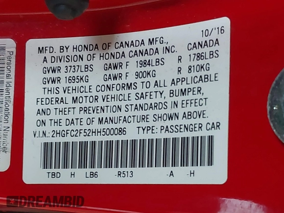 2017 Honda Civic Sedan LX with VIN 2HGFC2F52HH500086, listed as a IAAI auction lot 41831351 with 91,851 mi miles. Bid and sale history available at carsss.com. Image 9.