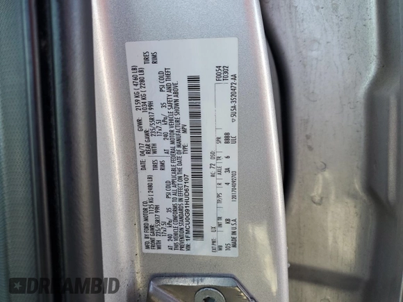 2017 Ford Escape SE with VIN 1FMCU0G91HUD67107, listed as a Copart auction lot 48711385 with 200,150 mi miles and Salvage Title. Bid and sale history available at carsss.com. Image 16.