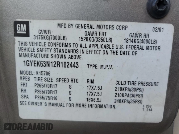 2002 Cadillac Escalade with VIN 1GYEK63N12R102443, listed as a Copart auction lot 53134135 with 241,389 mi miles and Non repairable. Bid and sale history available at DreamBid. Image 16.