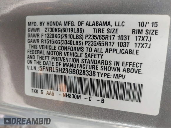 2016 Honda Odyssey LX with VIN 5FNRL5H23GB028338, listed as a IAAI auction lot 41980064 with 186,403 mi miles and . Bid and sale history available at DreamBid. Image 9.