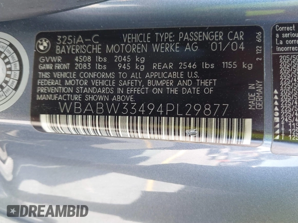 2004 BMW 3 Series 325Ci with VIN WBABW33494PL29877, listed as a IAAI auction lot 41891357 with Not Provided miles and . Bid and sale history available at DreamBid. Image 9.