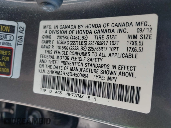 2013 Honda CR-V EX-L with VIN 2HKRM3H78DH500494, listed as a IAAI auction lot 41747954 with 170,676 mi miles and . Bid and sale history available at carsss.com. Image 9.
