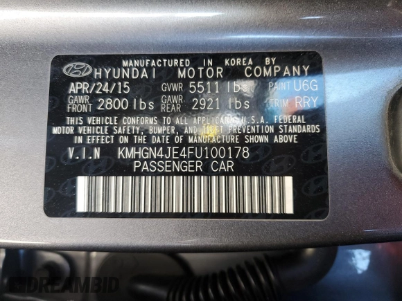 2015 Hyundai Genesis 3.8L with VIN KMHGN4JE4FU100178, listed as a Copart auction lot 75723694 with 112,114 mi miles and Salvage Title. Bid and sale history available at carsss.com. Image 14.