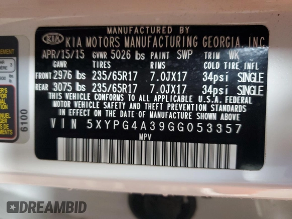 2016 Kia Sorento LX with VIN 5XYPG4A39GG053357, listed as a Copart auction lot 46892525 with 78,402 mi miles and Clean Title. Bid and sale history available at carsss.com. Image 13.