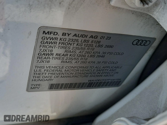 2023 Audi Q3 S line Premium with VIN WA1DECF37P1081194, listed as a IAAI auction lot 42796405 with 58,808 mi miles and . Bid and sale history available at DreamBid. Image 32.