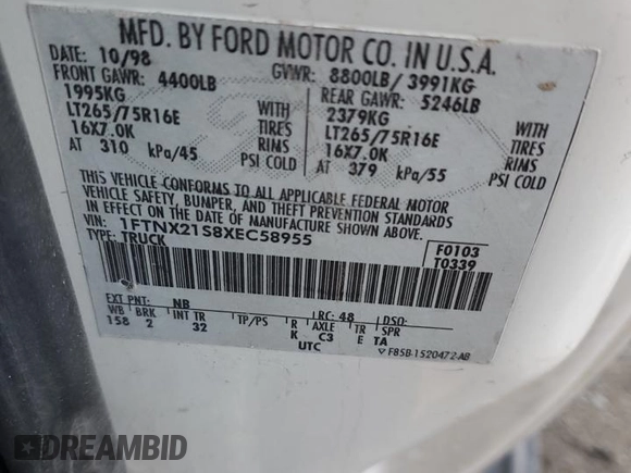 1999 Ford F-250 XL with VIN 1FTNX21S8XEC58955, listed as a Copart auction lot 84917334 with 272,953 mi miles and Salvage title. Bid and sale history available at DreamBid. Image 12.