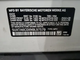 2022 BMW X5 xDrive45e with VIN 5UXTA6C0XN9L97579, listed as a Copart auction lot 52603265 with Not Provided miles and Salvage Title. Bid and sale history available at DreamBid. Image 12.