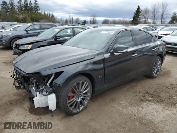 2021 Infiniti Q50 Red Sport 400 with VIN JN1FV7DR2MM880827, listed as a Copart auction lot 52089525 with 38,718 mi miles and Salvage title. Bid and sale history available at DreamBid. Image 1.