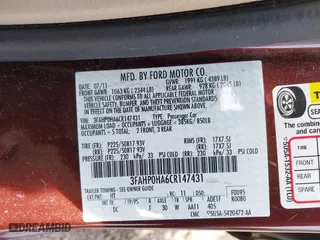 2012 Ford Fusion SE with VIN 3FAHP0HA6CR147431, listed as a IAAI auction lot 41930170 with 56,847 mi miles. Bid and sale history available at carsss.com. Image 9.