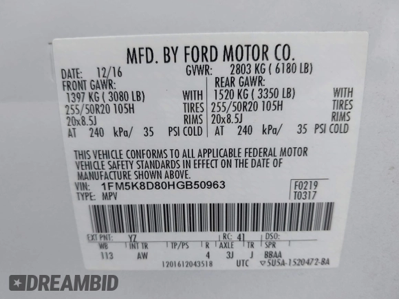 2017 Ford Explorer XLT с VIN 1FM5K8D80HGB50963, выставлен на аукционе IAAI как лот 42697545 с пробегом 83 752 миль миль и . История ставок и продаж доступна на DreamBid. Изображение 9.